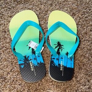 Old Navy Blue and Green Palm Flip Flops